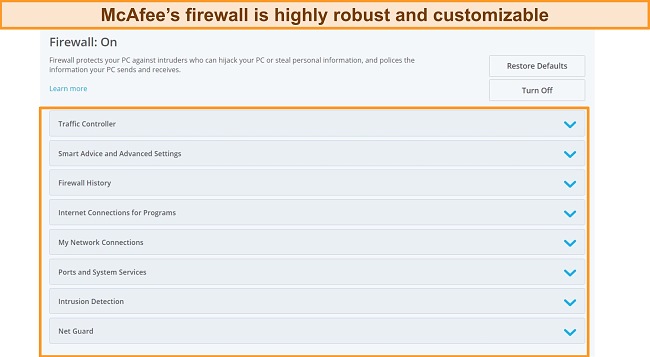  Screenshot of McAfee's firewall tab