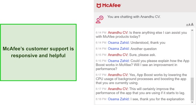 Conversation with McAfee's helpful live chat support