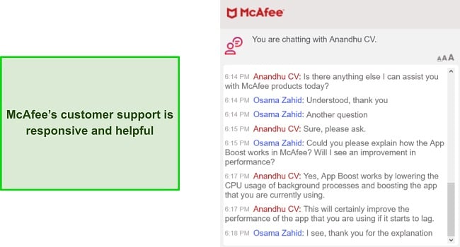 Conversation with McAfee's helpful live chat support