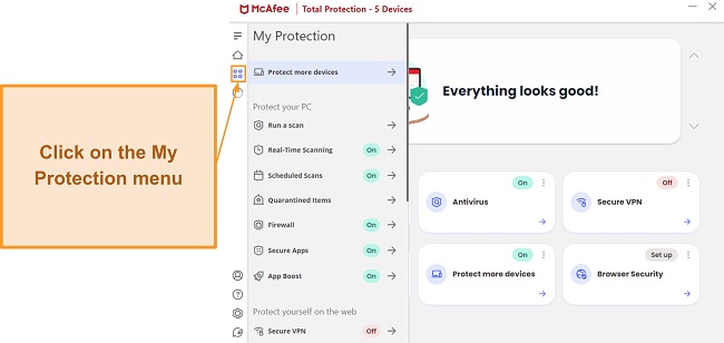 Opening the My Protection menu in McAfee