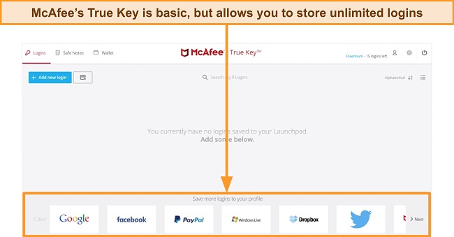 Screenshot of McAfee's password manager vault