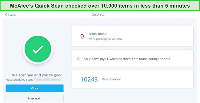Screenshot of McAfee quick scan results page