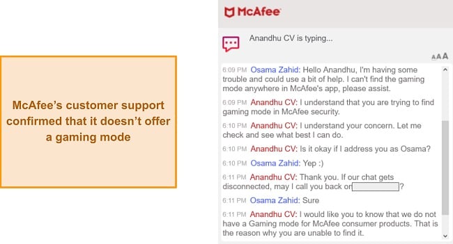 Conversation with McAfee's support about its gaming mode