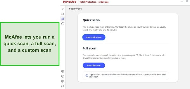 Screenshot of McAfee's virus scanning options