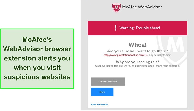 Screenshot of McAfee's WebAdvisor blocking suspicious website