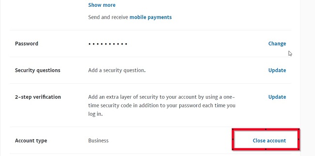 PayPal close account screenshot