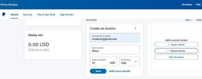 PayPal で請求書を作成するスクリーンショット
