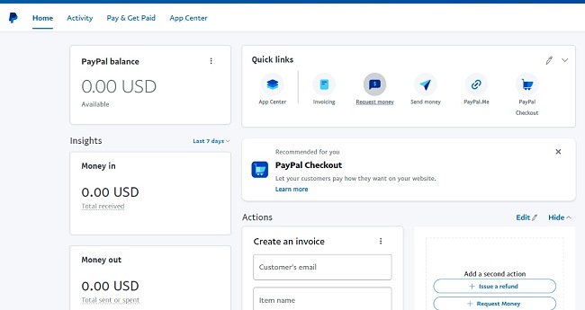 Screenshot der PayPal-Dashboard-Seite