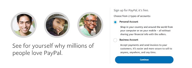 PayPal sign up screenshot