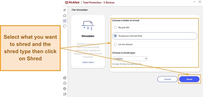 Picking what to shred using McAfee's File Shredder