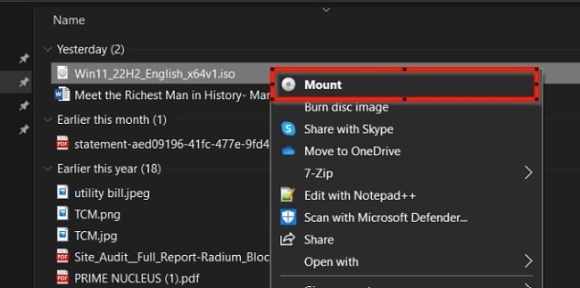 Windows 11 ISO mount screenshot