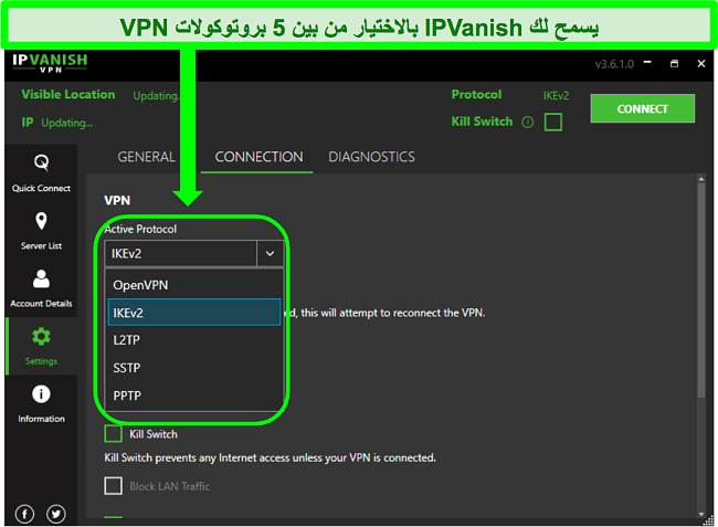 لقطة شاشة لقائمة بروتوكولات VPN الخاصة بـ IPVanish