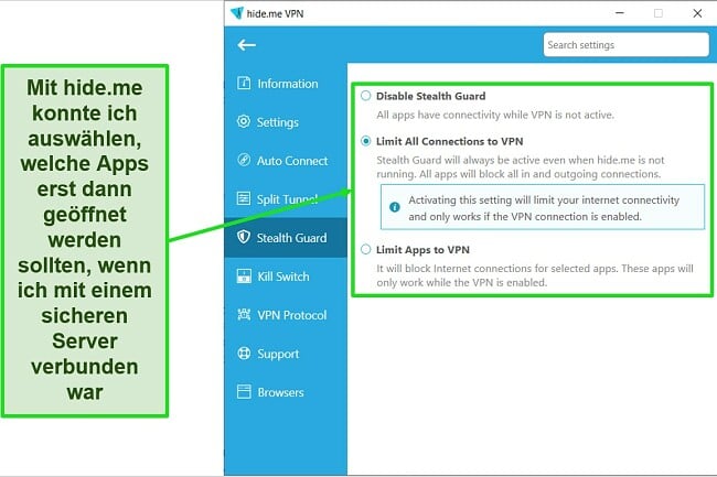 Screenshot der Stealth Guard-Funktion von hide.me in der Windows-App