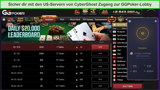 Screenshot der Spiellobby von GGPoker, die den Server von CyberGhost in Las Vegas, Nevada, USA, verwendet