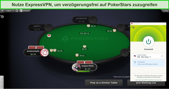 Screenshot des Servers von ExpressVPN in New Jersey, der auf die Windows-App von PokerStars zugreift