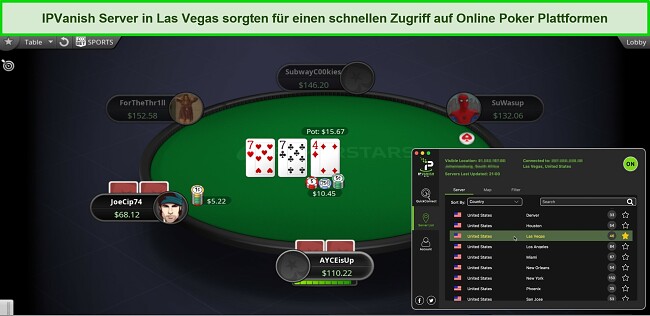 Screenshot eines aktiven Pokerspiels mit dem Server von IPVanish in Las Vegas, Nevada, USA