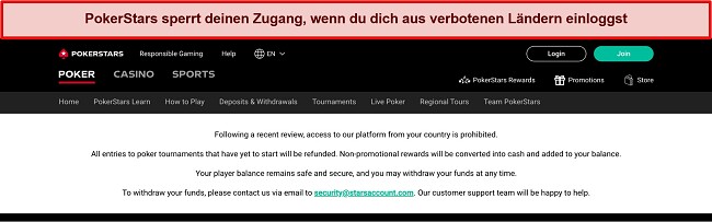 Screenshot von Fehlermeldungen beim Versuch, von einem eingeschränkten Land aus auf PokerStars zuzugreifen