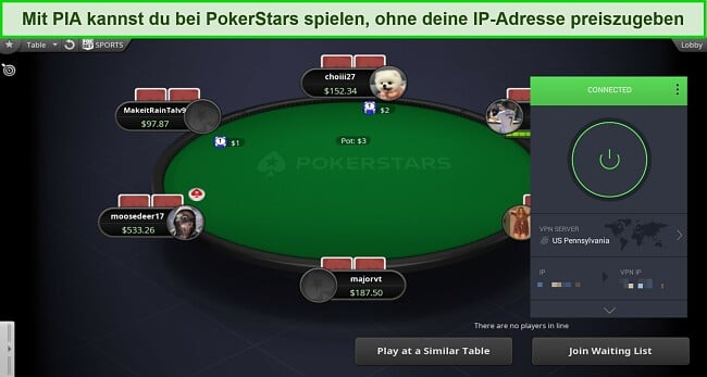 Screenshot eines PokerStars-Spiels, während PIA mit einem Server in Pennsylvania, USA, verbunden ist