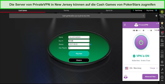 Screenshot der Quick Seat-Option von PokerStars, während PrivateVPN mit einem Server in New Jersey, USA, verbunden ist
