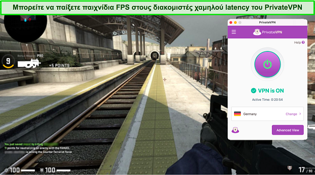 Στιγμιότυπα οθόνης του Counter-Strike: Global Offensive ενώ το PrivateVPN είναι συνδεδεμένο σε διακομιστή στη Γερμανία