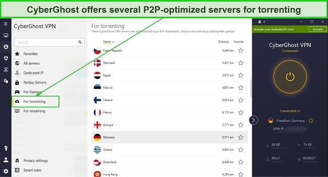 Screenshot of CyberGhost's P2P-optimized server list