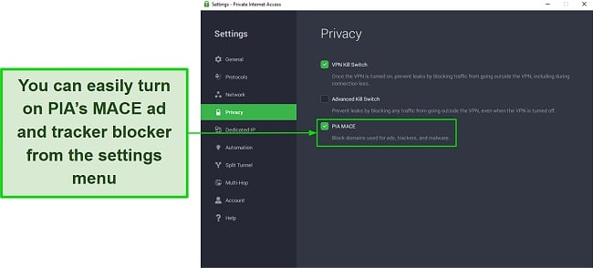 Screenshot showing how to turn on PIA's MACE feature from the settings menu