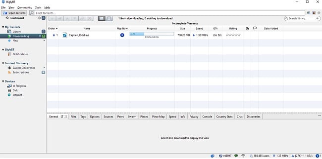 Screenshot of BiglyBT showing a download in progress