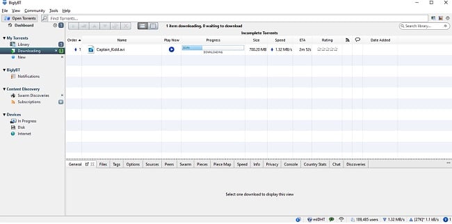 Képernyőkép a BiglyBT-ről, amelyen egy letöltés látható