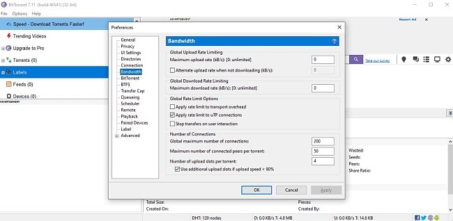 Screenshot of BitTorrent's bandwidth settings