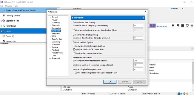 Screenshot delle impostazioni della larghezza di banda di BitTorrent