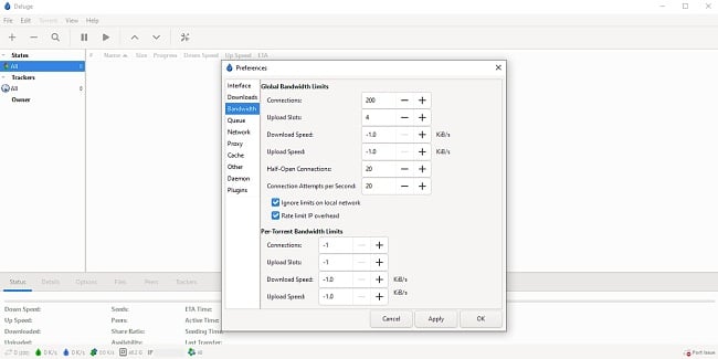 Screenshot of Deluge's bandwidth settings