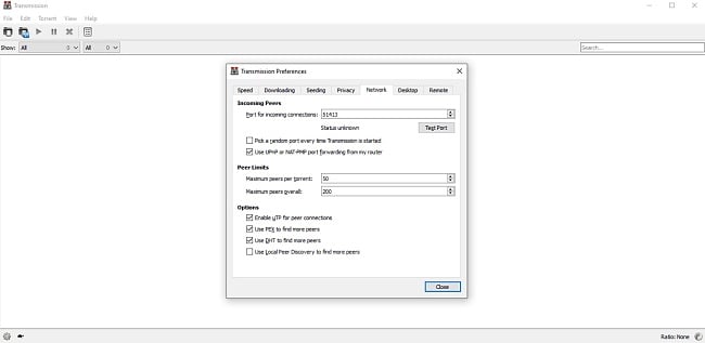 Screenshot of Transmission's network settings