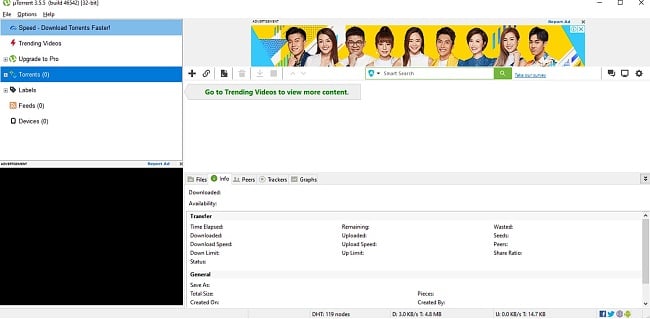 Screenshot dell'interfaccia principale di uTorrent