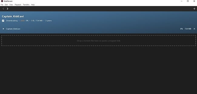 Screenshot of WebTorrent Desktop showing a download in progress