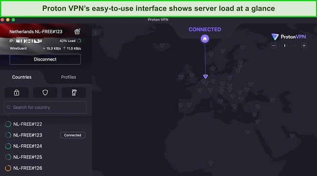 Screenshot of Proton VPN's user interface showing a connection to a free server in the Netherlands