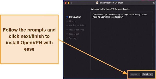 Screenshot illustrating the process of installing the OpenVPN Connect for macOS client