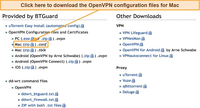 Screenshot of the OpenVPN configuration file download page on the BTGuard website
