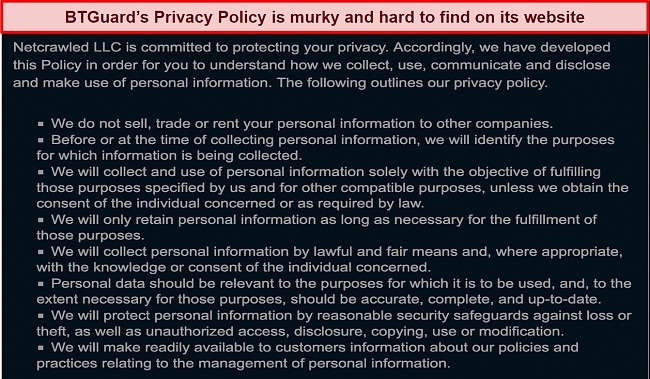 Screenshot of BTGuard's Privacy Policy