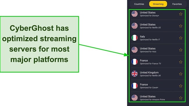 A screenshot of CyberGhost's Optimized Streaming servers on the Android app.