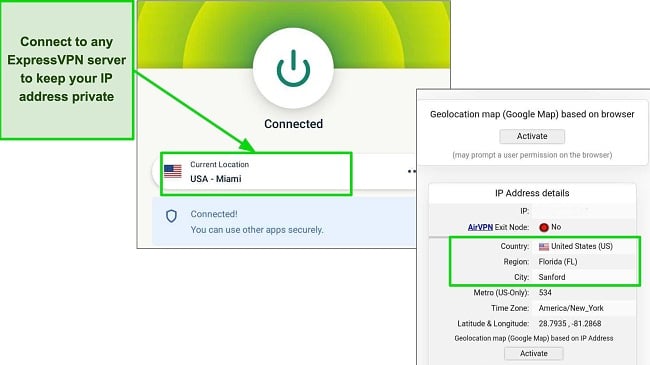 Graphic showing ExpressVPN connected to a Miami server and passing a DNS leak test