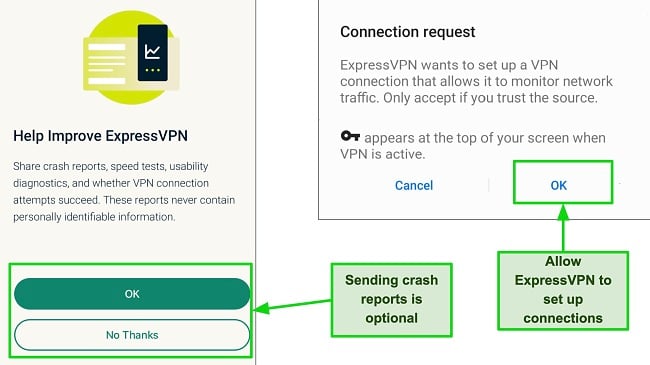Screenshot of crash report and connection permissions required after signing into ExpressVPN for the first time.