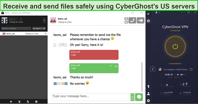 Screenshot of CyberGhost's Los Angeles server ensuring your anonymity while using Tox Chat