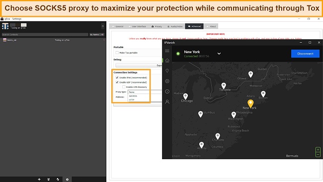 Screenshot of IPVanish UI and Tox Chat's security settings