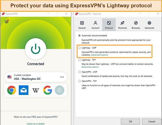 Screenshot of Lightway and OpenVPN protocols on ExpressVPN