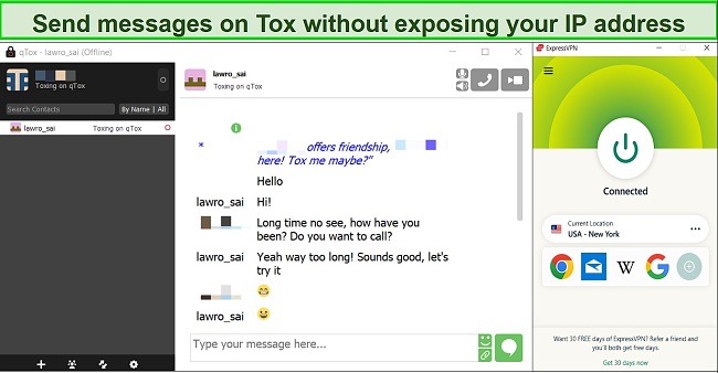 Screenshot of a Tox Chat conversation while connected to ExpressVPN