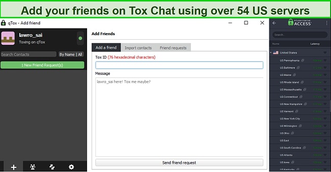 Screenshot of a friend request on Tox Chat with 54 US servers on PIA