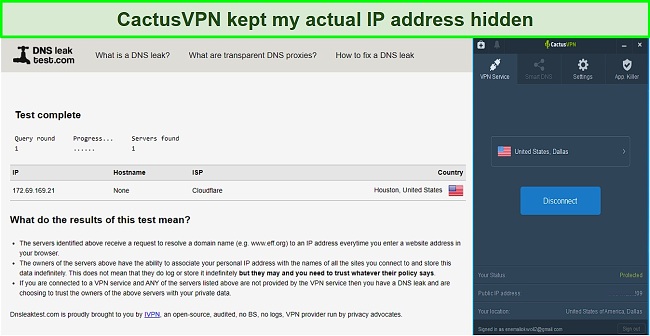 Screenshot of CactusVPN passing my DNS test