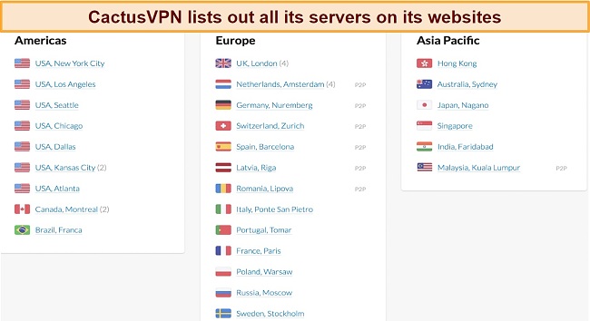 Screenshot showing server locations available on CactusVPN