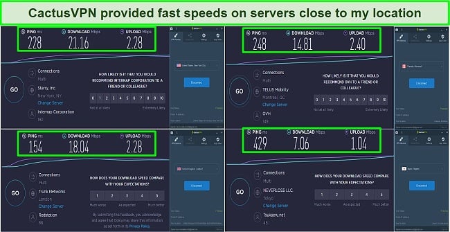 Screenshot of CactusVPN speeds in 4 locations