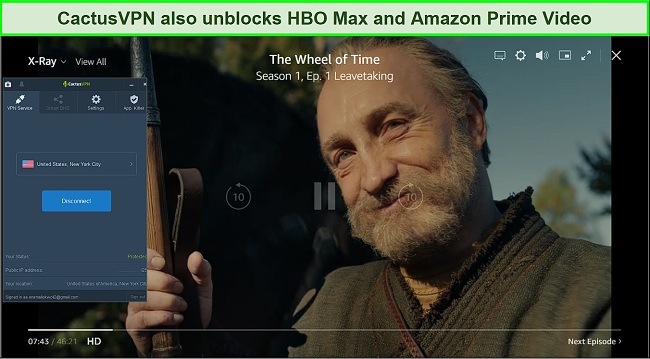 Screenshot of CactusVPN unblocking HBO Max and Prime Video